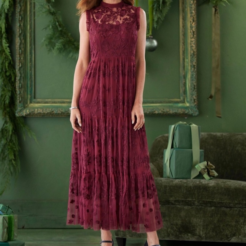 NWT Sundance Tolani Rielle dress in red wine mesh P L